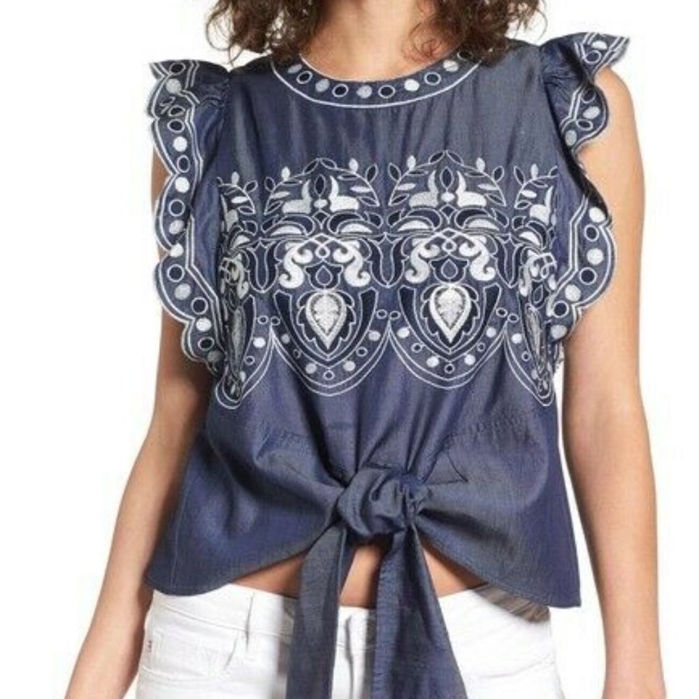 J.O.A. Women's Tie Front Blouse Top Blue - Picture 1 of 4